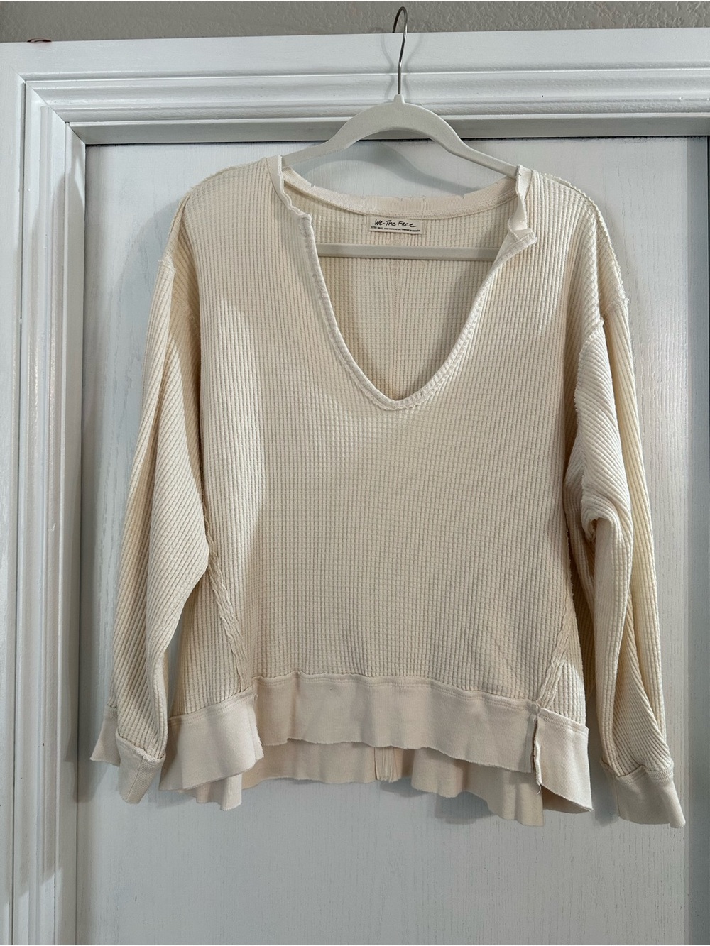 We The Free Cream Waffle Knit V-Neck Pullover